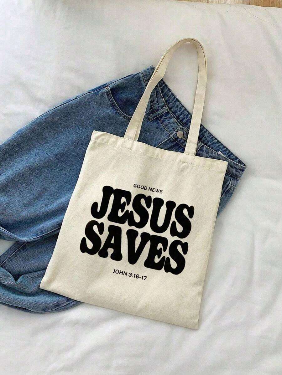 "Good News!Jesus Saves"Print Tote Bag,Christian Tote Bag, Vintage Bible Verse Printed Tote Bag, Christian Gift, Large Capacity Fashionable And Durable Shoulder Bag, Suitable For Outdoor Picnic, Party, Travel, Shopping. - 米色 3 - 查看 1