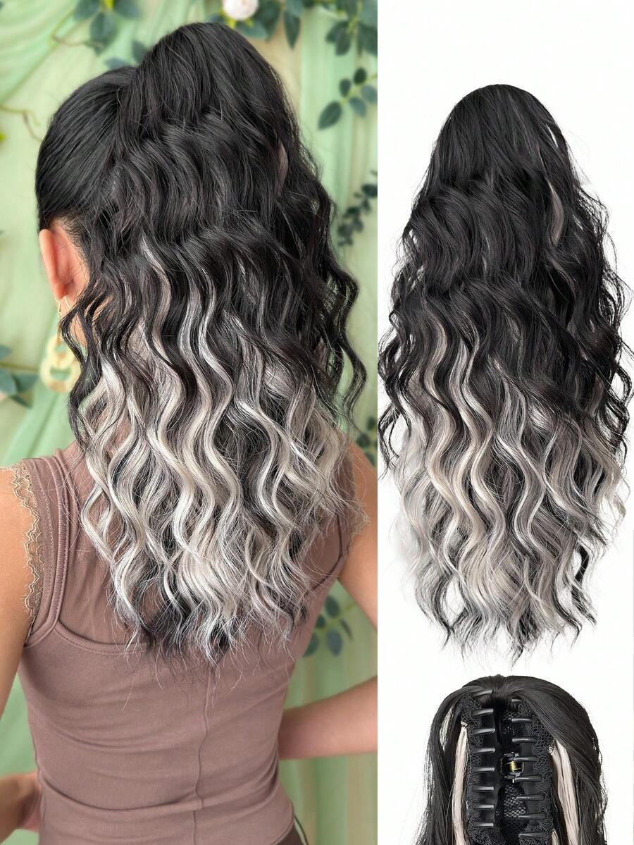 18-Inch Wavy Heat-Resistant Synthetic Ponytail Hair Extension With Claw Clip, Contrast Color Design, Suitable For Women's Party And Daily Use