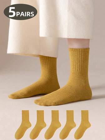 1双/5双芥末黄袜子，舒适柔软休闲简约运动优雅忧郁成熟风格乡村居家休闲中筒袜，女士款