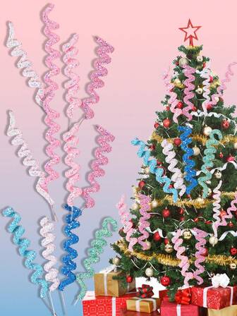 4 piezas/set Espiral curva del árbol de Navidad, decoración multifuncional para pasteles, tiras suaves, inserto de tiras de colores, macarrón, cumpleaños de colores, boda, actividad familiar, decoración para ambiente de fiesta, productos de decoración navideña, decoración del árbol de Navidad, regalos de Navidad