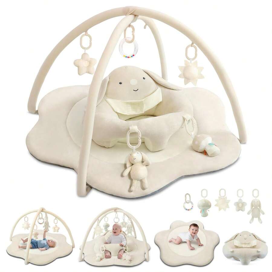 Baby Gym Play Mat With Seat, Non-Slip Bottom, Soft Material, Padding, Back Support, Sit Me Up Floor Seat For Baby, Tummy Time Mat With 5 Detachable Toys, Baby Activity Mat For Babies 0-6 6-12 Months, Newborn Baby Shower Valentine's Day/Birthday Gifts, Machine Washable - 米色 - 查看 1