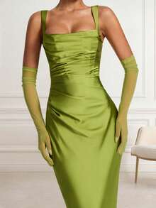 Women's Sleeveless Spaghetti Strap Knit Slit Maxi Cocktail Party Dress With Bow Backless Design (No Sleeves) - Green - View 6