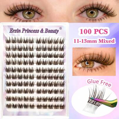 100片棕色自粘蓬松假睫毛簇，11-13毫米厚度，单根外翻睫毛，自粘DIY睫毛嫁接，预涂胶簇状睫毛，自然纤长C型卷翘睫毛簇，无需胶水，无需卸妆（Z-MQDD）