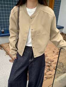 休闲棒球风灰色夹克，宽松版型，插肩袖，短款，百搭秋季外套 - 卡其色 - 查看 3