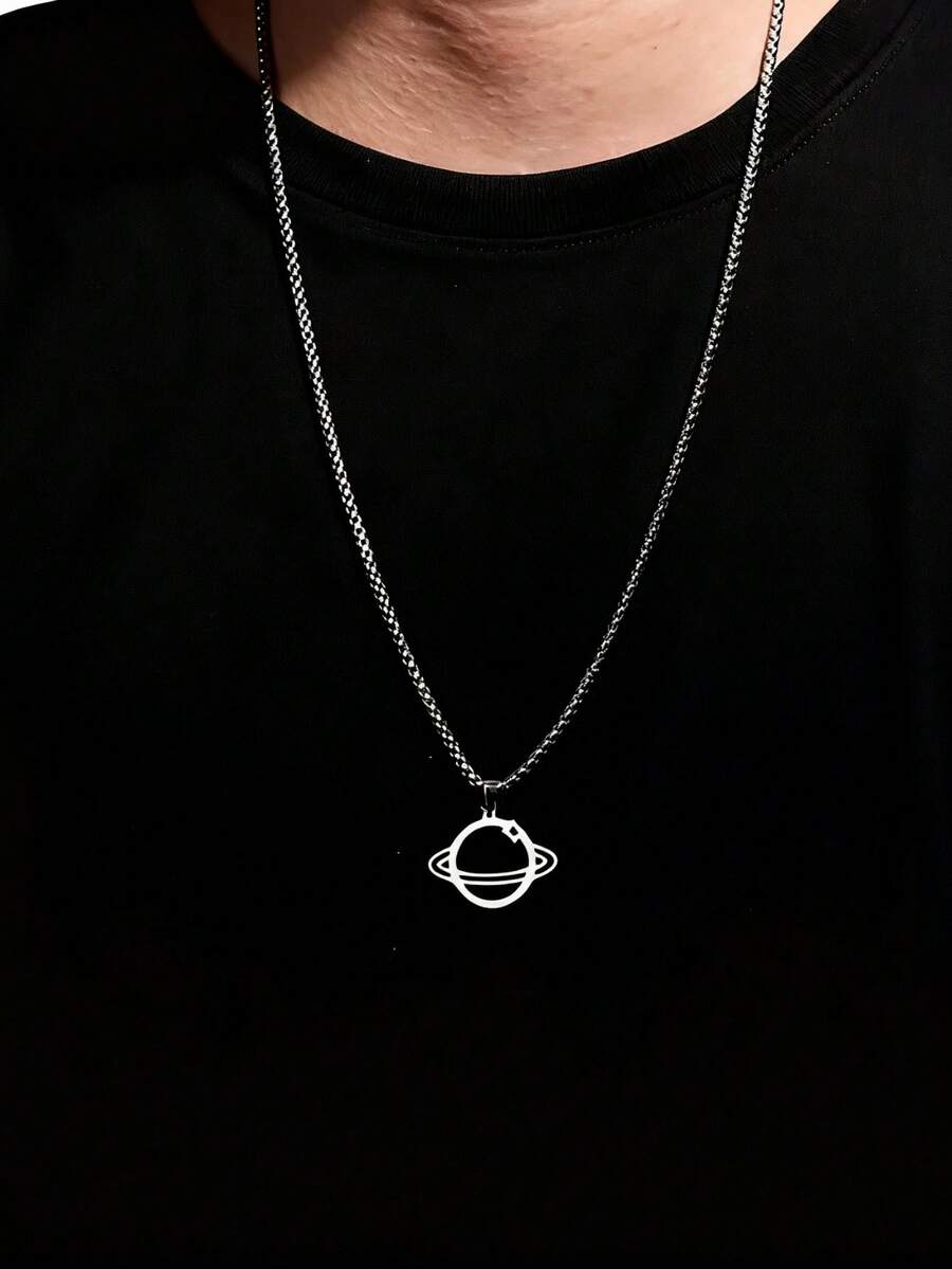 1pc Hip Hop Planet Necklace, Saturn Pendant, Fashionable Creative Men's Pendant Necklace, Pendant Necklace Accessory - Silver - View 1