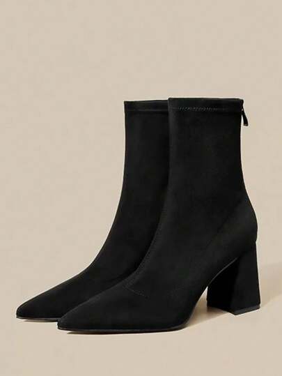 2025秋冬新款尖头粗跟踝靴，女款高跟鞋，修身靴，配弹力袜，牛仔靴