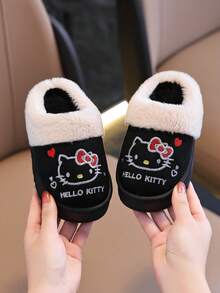 Hello Kitty 儿童可爱小猫室内拖鞋,时尚卡通图案,舒适保暖毛绒拖鞋,适合女孩,秋冬季 - 黑色 - 查看 6
