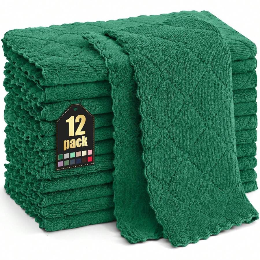 12 Pack Kitchen Dish Cloths (10 X 10 Inches, Cream Yellow), Super Soft And Absorbent Coral Velvet Dish Towels, Nonstick Oil Fast Drying Microfiber Cleaning Cloth, No Lint Household Dishcloths, 2025 - 墨綠色 - 查看 1