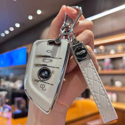 För BMW mjukt TPU-nyckelfodral med nyckelringsrem, fjärrkontrollskydd med 4 knappar och nyckelringstillbehör, kompatibel med X1 X2 X3 X5 X6-modeller, premium ersättningsnyckel för BMW 2/3/5/6/7-serien för BMW-entusiaster
