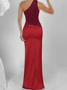 Abito estivo WOWDARK, outfit rosso per San Valentino, abito da festa asimmetrico con spalla e patchwork, abito da sirena elegante per donna, adatto per feste di compleanno, feste, San Valentino, appuntamenti e altre occasioni - Rosso - Visualizzare 5