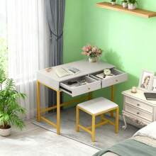 NEW Dressing Table Stool Set Modern 2 Drawer Computer Desk Makeup Vanity Bedroom - White - View 5