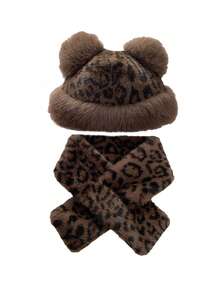 2pcs/Set Leopard Print Vintage Cute Faux Fur Patchwork Hat Combo, Mongolian Style Fluffy Warm Earmuffs Hats For Women, Autumn/Winter
