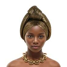 Gorra de Turbante de Tela Brillante con Nudo, Envolturas para la Cabeza de Mujeres, Auto Gele Africano, Turbante de Fiesta de Nigeria - Dorado - Ver 1