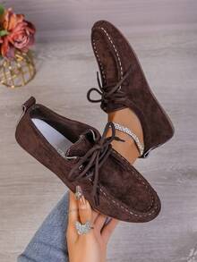 Giày nữ mũi tròn buộc dây đế mềm, chất liệu da lộn màu trơn, nhẹ và thoải mái cho mang hàng ngày và du lịch, thích hợp cho mùa xuân. - màu nâu - Xem 7