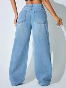 Lässige blaue Jeans der Damen mit tiefer Taille, weitem Bein, Rissen, schrägen Taschen, Kurvenform und Strass-Stickerei - Blau - Übersicht 3