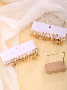 Juego de 24-12 piezas de pendientes geométricos de perlas falsas de moda para mujeres, pendientes únicos con cadena y forma cuadrada, adecuados para ir al trabajo, uso casual y citas - Dorado - Ver 5