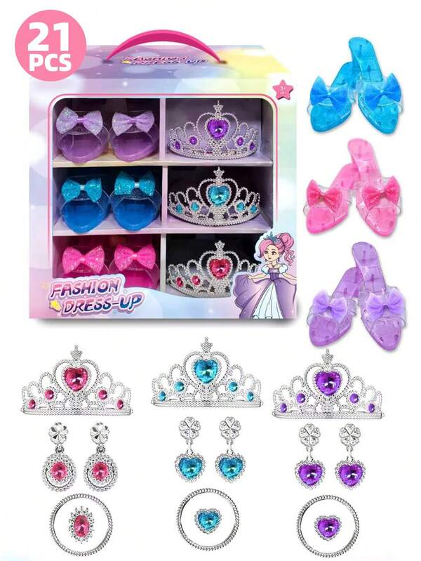 22 piezas Conjunto de vestir de princesa (incluye 3 pares de zapatos + múltiples accesorios de moda), Juego de joyería de princesa, adecuado como regalo de cumpleaños o Navidad para niñas de 2 a 10 años