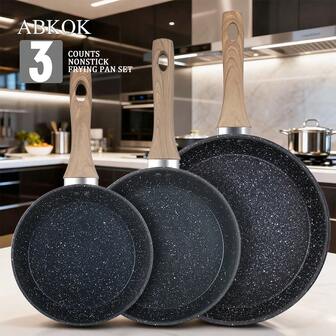 ABKOK 1pc/3pcs Black Aluminum Frying Pan Set | 18cm/24cm/28cm 3 Sizes | Reinforced Bottom Design | Suitable For All Stoves | Single Pan/Set Available