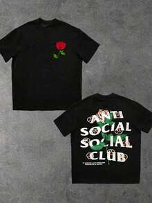 Single Red Rose Front Anti Social Club Back Digital  Graphic Double Sided Digital Printed 220g T Shirt Loose Fit Oversized Streetwear 1pcs Men's Short Sleeve 100% Cotton Tee Urban Aesthetic Floral Club Statement Vintage Fashion - màu đen - Xem 1