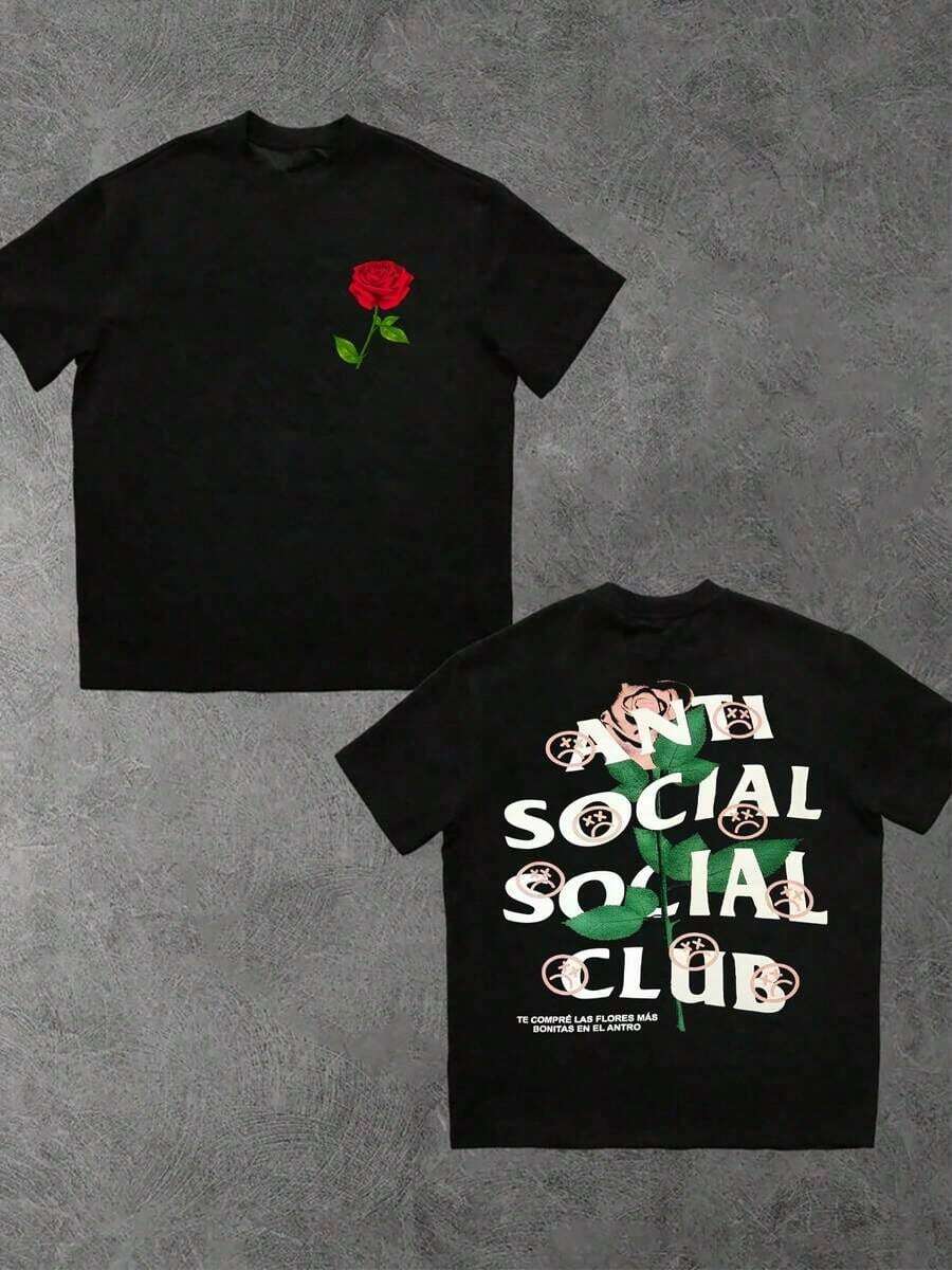 Single Red Rose Front Anti Social Club Back Digital  Graphic Double Sided Digital Printed 220g T Shirt Loose Fit Oversized Streetwear 1pcs Men's Short Sleeve 100% Cotton Tee Urban Aesthetic Floral Club Statement Vintage Fashion - màu đen - Xem 1