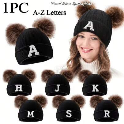 1pc Women's 26 Letter Pom Pom Hat, High Elasticity Warm Breathable Fleece Cap, Suitable For Autumn/Winter Everyday Outdoor Fashion Matching, Can Be Used As A Gift