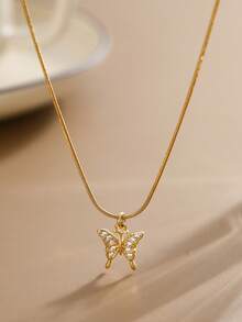 Nooxian 1pc Stainless Steel Necklace With Cubic Zirconia Butterfly Pendant, Minimalist Layered Style, Versatile Daily Wear Jewelry Gift - Yellow Gold - View 2