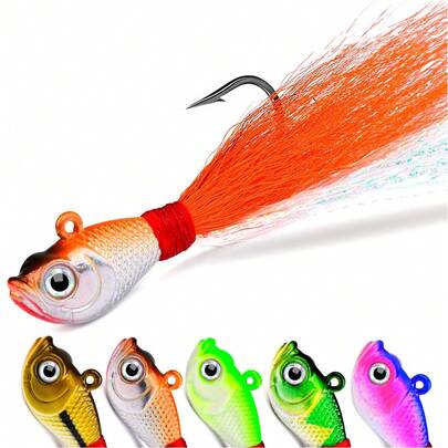 5Pcs 1/2 Oz Bucktail Jigs, Saltwater Bucktail Hair Jigs Jig Head Kits Fishing Lure Baits Kit Fishing Tackle For Walleye Bass Crappie Freshwater Saltwater