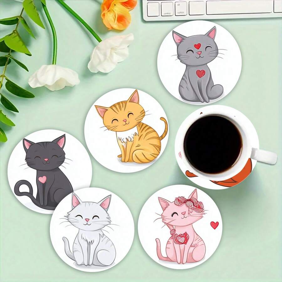 4 buc/6 buc/300 buc pahare cu desene animate cu pisică drăguță, model tematic cu noroi de diatomee, pahare cu cafea, decorațiuni multi-ocazie pentru casă și restaurant, cadouri zilnice, decorațiuni de masă, decorațiuni zilnice, decorațiuni tematice pentru petreceri - Multicolor - Vizualizare 1