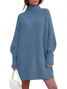 2026 Women's Casual Knit Dress Sweater Dresses For Women  Fall Fashion Mock Neck Long Lantern Sleeve Oversized Outfits Knit Tops Clothes ​ , Bodycon Long Sleeve ​ For Sports Outdoor Wear, Loose Fit Long Sleeve Comfy Daily Outfits For Women - 藍色 - 查看 1