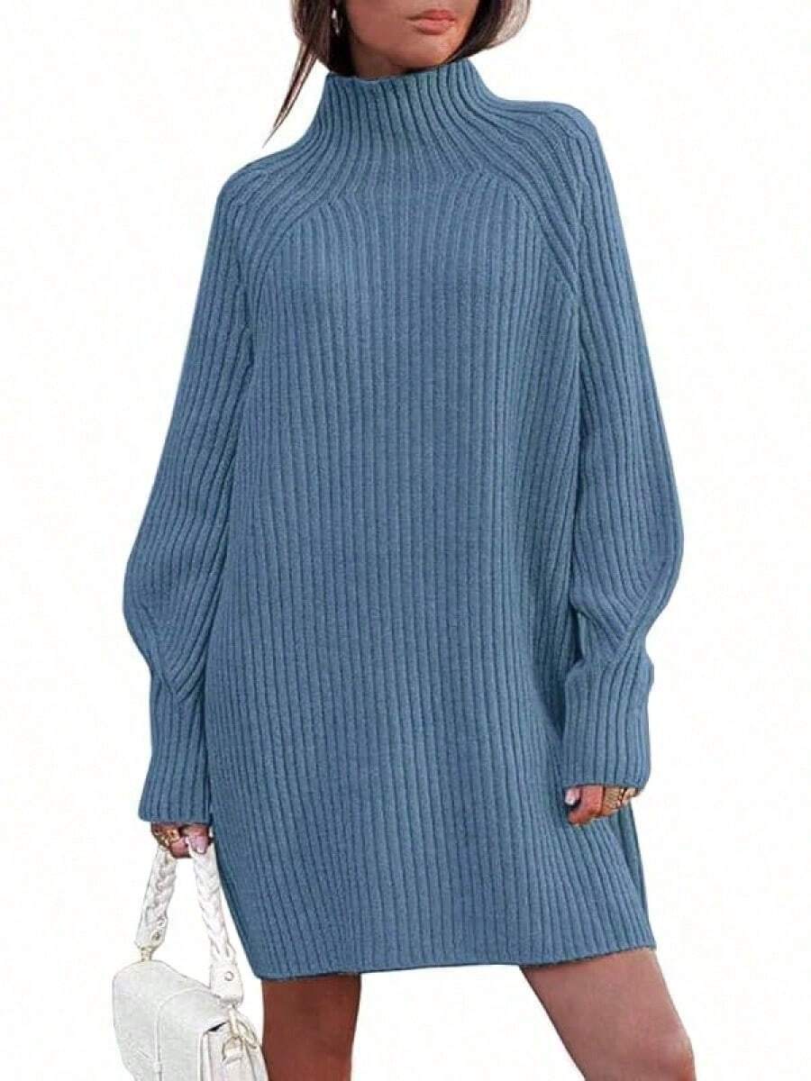 2026 Women's Casual Knit Dress Sweater Dresses For Women Fall Fashion Mock Neck Long Lantern Sleeve Oversized Outfits Knit Tops Clothes , Bodycon Long Sleeve For Sports Outdoor Wear, Loose Fit Long Sleeve Comfy Daily Outfits For Women - 藍色 - 查看 1