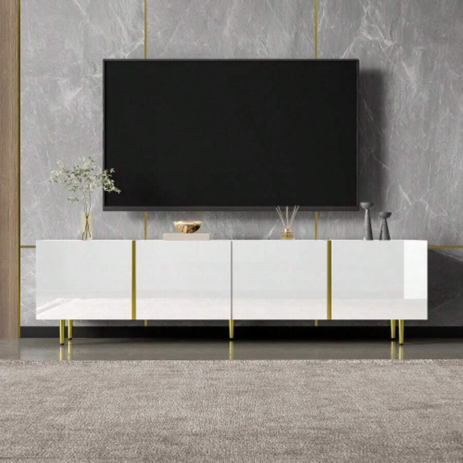 Móvel para TV com acabamento brilhante, quatro portas, design moderno e minimalista, na cor branca. - Branco - Ver 1