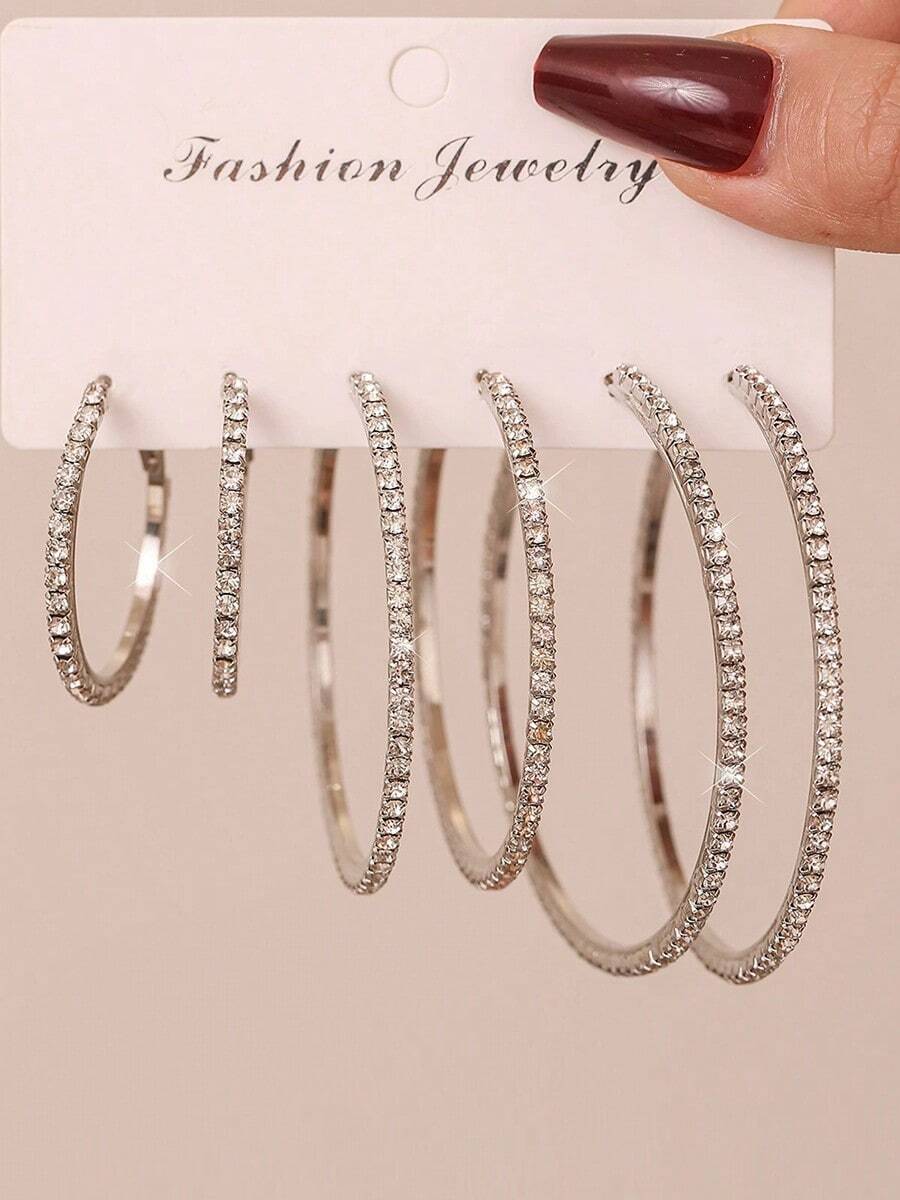3pair Light Luxury Diamond-Embedded Fashion Hoop Earrings For Women Teens - Internet Influencer Style, Minimalist Large Hoops, Bold Elegant Round Statement Earrings | Y2K Streetwear Chic, Thick Metal Frame With Shiny Diamond Inlays, Versatile For Everyday Wear/Date Night/Party Outfits/Work Looks | Statement Jewelry, Eye-Catching Circular Hoops, Must-Have Accessory For Modern Wardrobe,, Suitable For Casual & Formal Occasions, Elevates Any Outfit Instantly - Silver-3pair - 查看 1