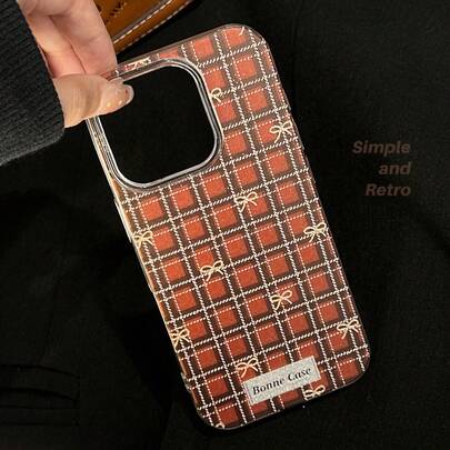 Grid GUCADI 1pc White Resin Red Plaid Bow Tie Phone Case, Shockproof Hard Cover Compatible With Iphone 16, 17 Pro Max, 15, 11, 14, Vintage, Creative, Geometric, Niche, Ins Style