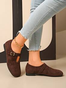Spring New Fashion Faux Suede Square Toe Flat Women Shoes, Buckle Solid Color Mary Jane Casual Comfortable Daily Wear - Coffee Brown - View 4