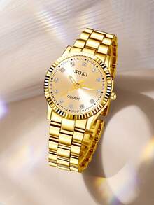 SOKI 1 Set Of Women's Jewelry Watch Set: Gold-Tone Fashion Quartz Watch + Necklace + Earrings + Bracelet + Ring Adjustable Strap Fashion Gold-Tone Women's Quartz Watch-Perfect For Parties, Holidays, Birthdays-Also An Ideal Gift For Best Friends. - 金色 - 查看 3