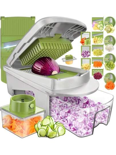 Picadora de verduras, Rallador Cortador, con 5 cuchillas de acero inoxidable, cortador de verduras 16 en 1 con contenedor, cortador, ideal para frutas, verduras y ensaladas