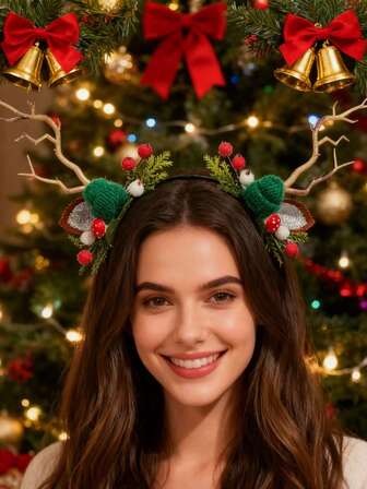 1件圣诞发箍，绿色圣诞老人帽，驯鹿角，蘑菇，铃铛造型派对氛围头饰，圣诞氛围发箍，女士发箍，发饰