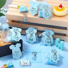 6件套创意婴儿洗礼礼品套装，包含心形装饰品、巧克力贴纸、糖果袋、贴纸、钥匙扣、天使装饰品+贴纸+糖果袋+感谢卡 - 藍色 - 查看 4