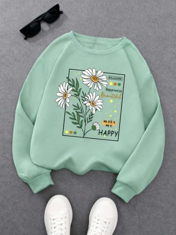 Sudadera térmica con estampado floral y eslogan LOVE JOYY SUNSHINE Felicidad Hermoso Hazme FELIZ, Tops de manga larga para graduación, atuendos de regreso a la escuela, graduación, atuendos de maestro para mujeres, sudadera de otoño