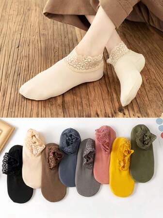 6/1pair Women's Boat Socks, German Fleece Autumn And Winter Warm Mid-Calf Silicone Non-Slip Thickened Lace Trim Winter Floor Socks