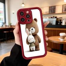 Funda de teléfono con borde negro para iPhone 13 Pro Max diseño de oso y conejo blanco estampado en blanco ideal para uso diario en cafeterías y salas de estar Aplicable a los teléfonos de la serie Apple y Galaxy - Café integral - Ver 5