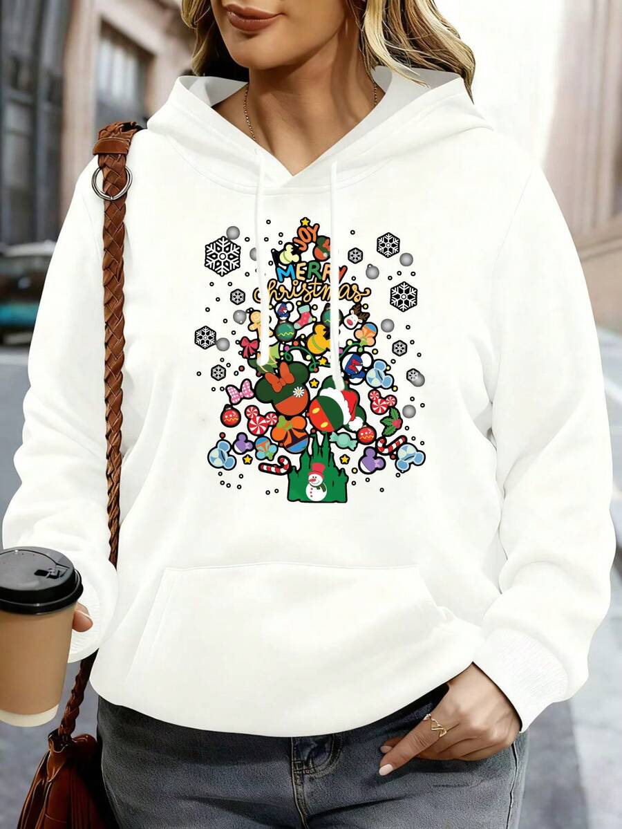 Disney Women Hoodie White Christmas Tree With Mickey Mouse And Snowman Print For Holiday Party - trắng - Xem 1