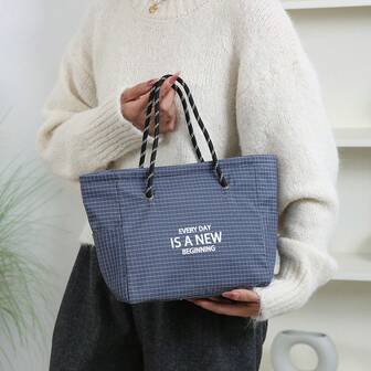 Letter Print Plaid Insulated Lunch Bag, Leak-Proof Portable Lunch Box Bag For Students, Office Workers, Picnics, Fashionable And Practical Meal Bag Lunch Bags Cooler Bag Lunchbox Large Capacity For Women For Men Travel Essentials