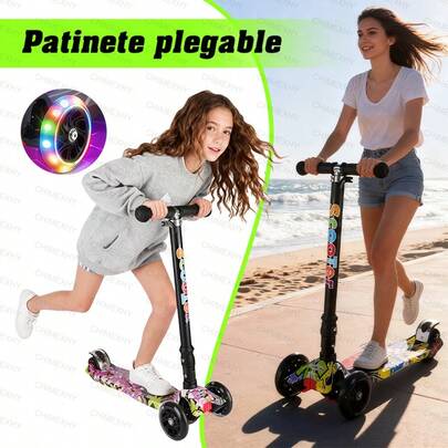 LÈRFM Patinete plegable con altura ajustable y ruedas LED luminosas - Patinete de aluminio de 3 ruedas con luces LED | Patinete plegable de 3 ruedas con luces LED para principiantes: ideal para viajes, juegos al aire libre, desplazamientos, camping, escuela y mochilerismo.
