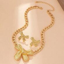 3pcs Exaggerated Geometric Design Gold Bowknot Earrings & Necklace Set, Jewelry