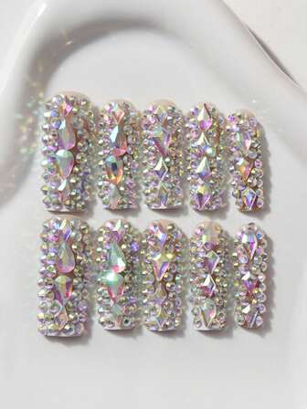 10 piezas de puntas de uñas cuadradas de lujo con rhinestones, diseño brillante y glamoroso adecuado para todas las mujeres y niñas, incluye lima de uñas y pegamento para una fácil aplicación