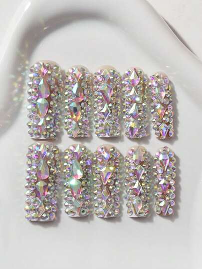 10pcs Square Luxury Rhinestone Nail Tips, Shiny & Glamorous Design Suitable For All Women & Girls, Includes Nail File & Nail Glue For Easy Application