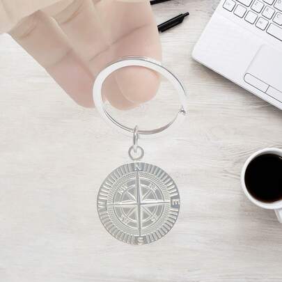 1pc Vintage Stainless Steel Compass Shaped Keychain, Unisex Key Ring, Fashion Accessory, Bag Charm, Key Holder, Directional Gift