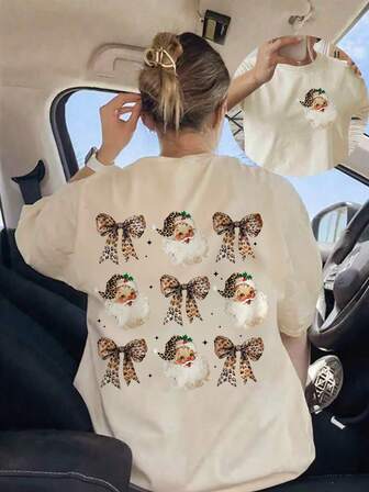 قميص تي شيرت نسائي كاجوال بأكمام قصيرة بطبعة سانتا كلوز ذات طابع نمر للخريف والشتاء