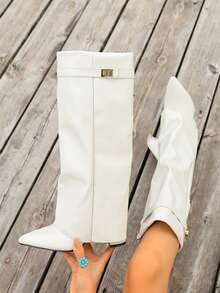 Fall/Winter 2025 Spring/Summer New European & American Pointed Toe Tall Boots Women, Slim Fit Straight Leg Shaft, Wedge Heel Riding Boots - Beige - View 4